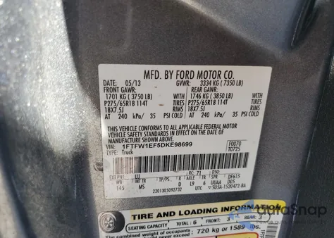 2013 Ford F-150 Xlt из США, поврежденный, VIN 1FTFW1EF5DKE98699